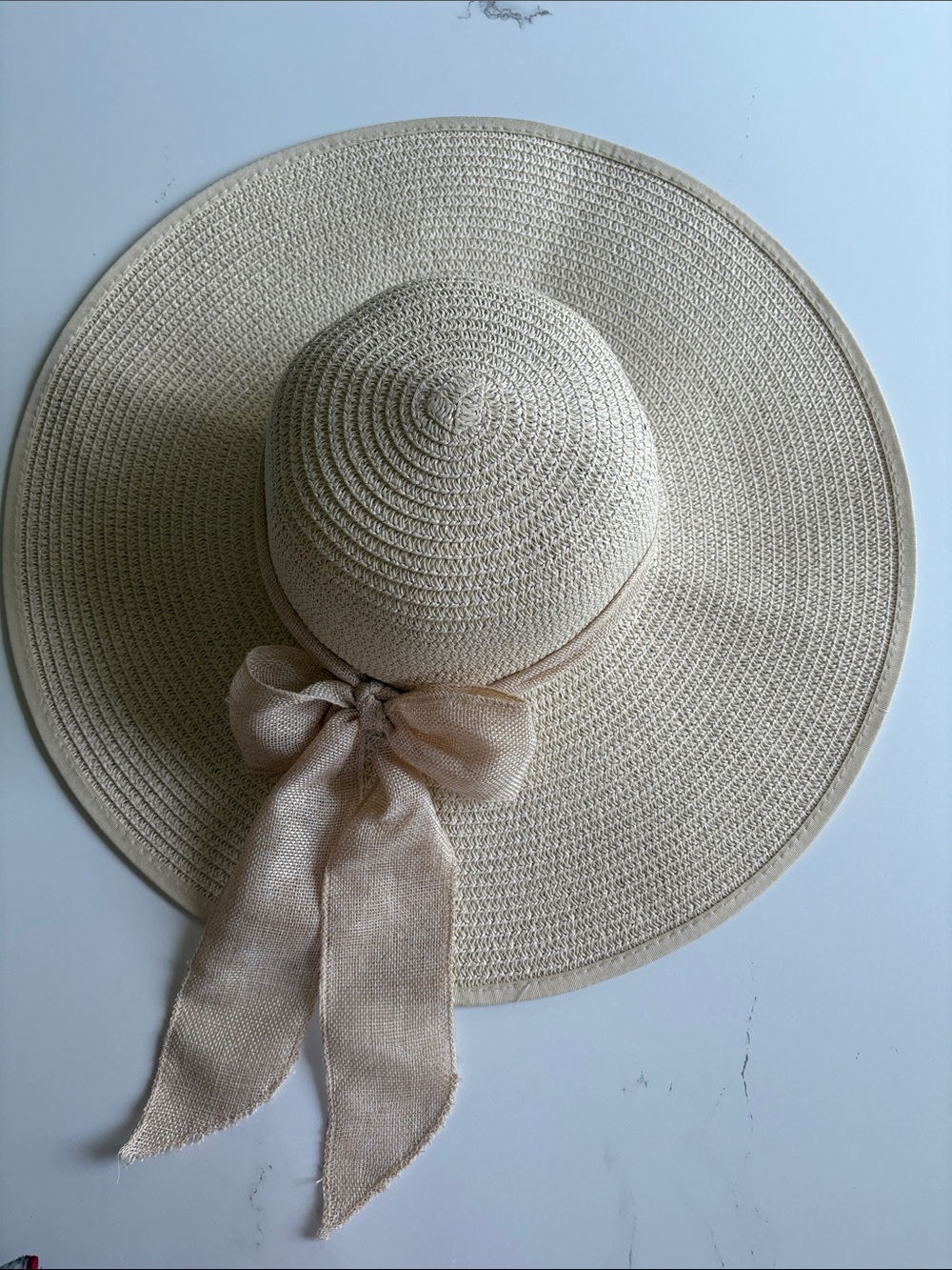 Wide-Brim Straw Sun Hat with Bow - Cream